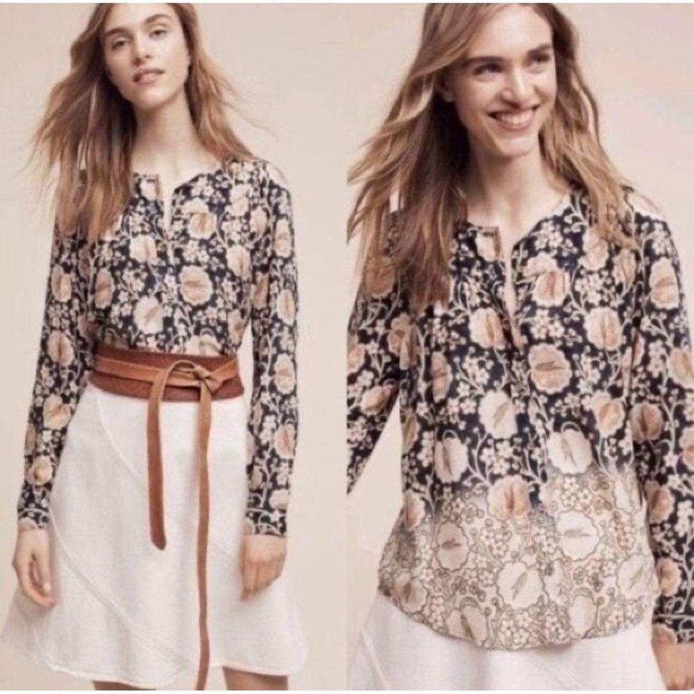 Anthropologie Maeve Ori Floral Ombre Button Down Top Women's S Blue Boho *Flaw